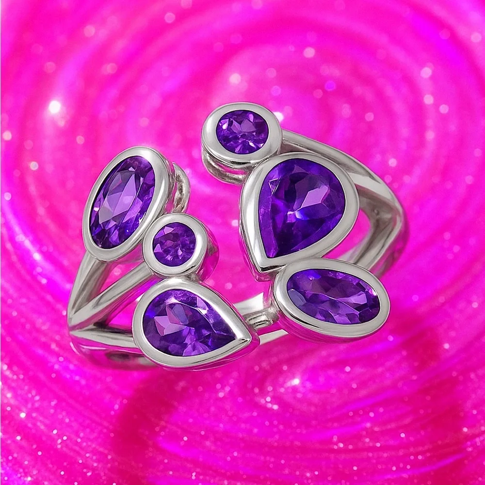 Elegant 14k Gold Filled Sterling Silver Genuine Amethyst Bypass Ring Adjustable